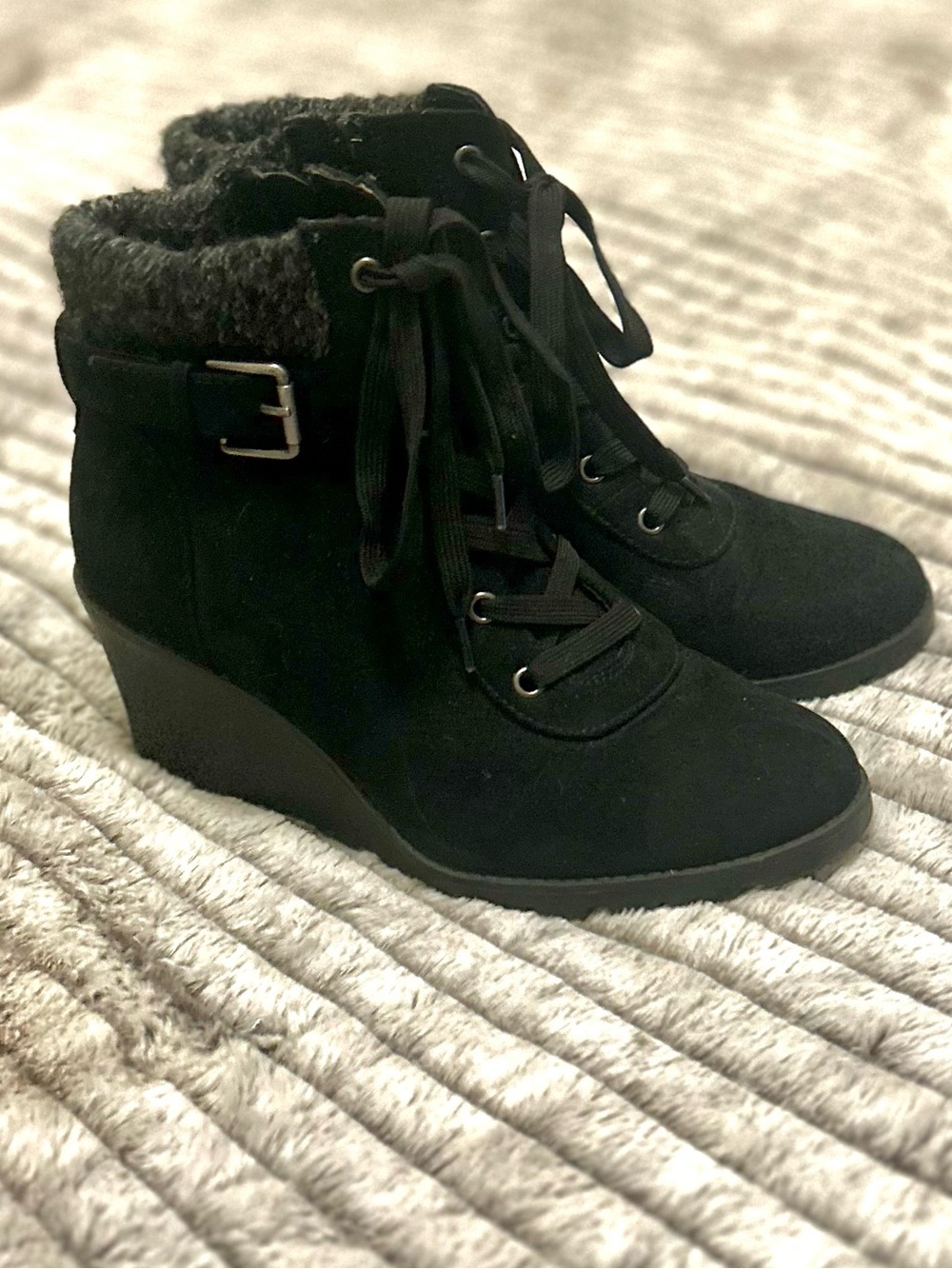 torrid Black Lace-Up Wedge Ankle Boots with Knit Collar Size 9WW Wide